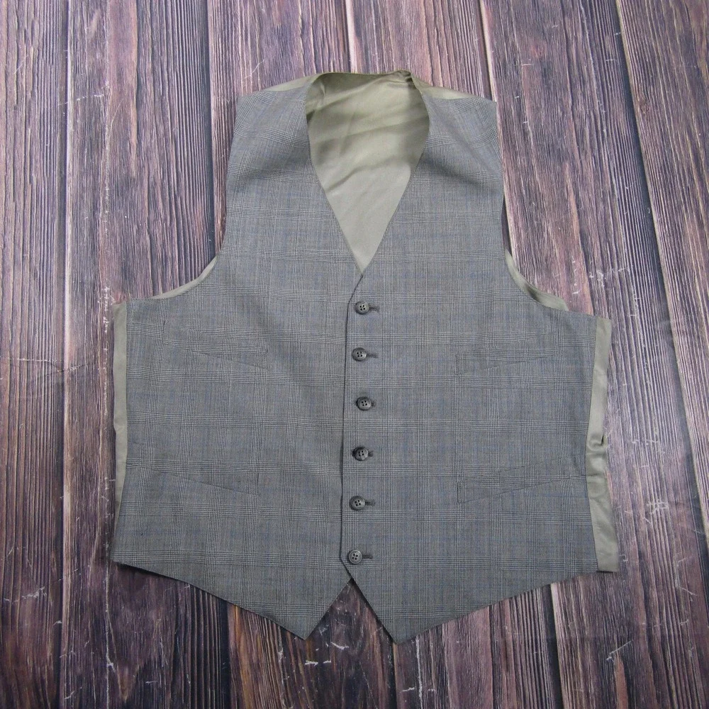 Suit Vest Mens 44 Gray Check 3 Piece Belted Formal Waistcoat Wedding Business